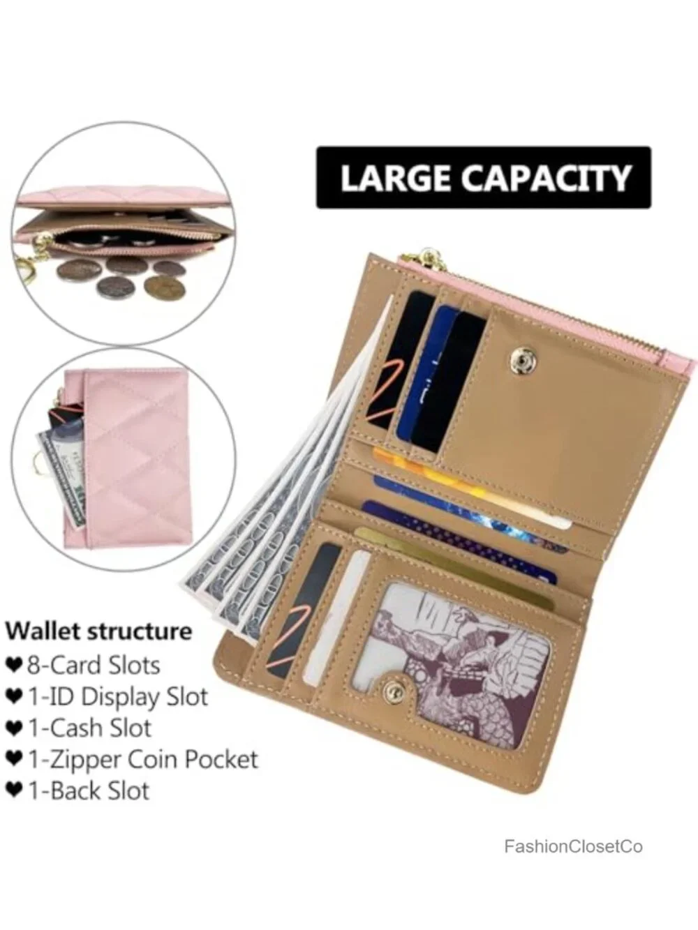 Women's PU Leather Bifold Wallet with Zipper Coin Pocket and Card Slots